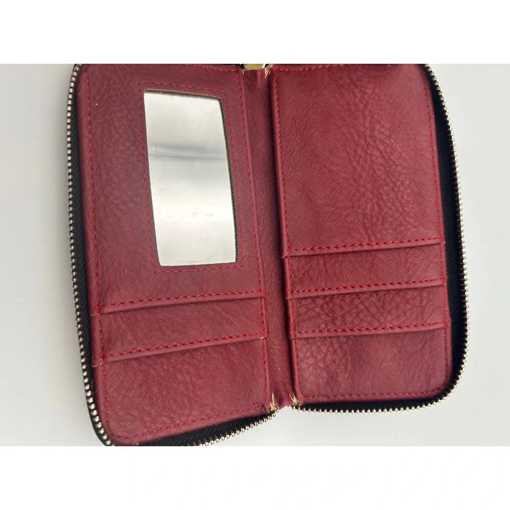 Burgundy Red Faux Leather Zip Around Wallet with Mirror and Card Slots